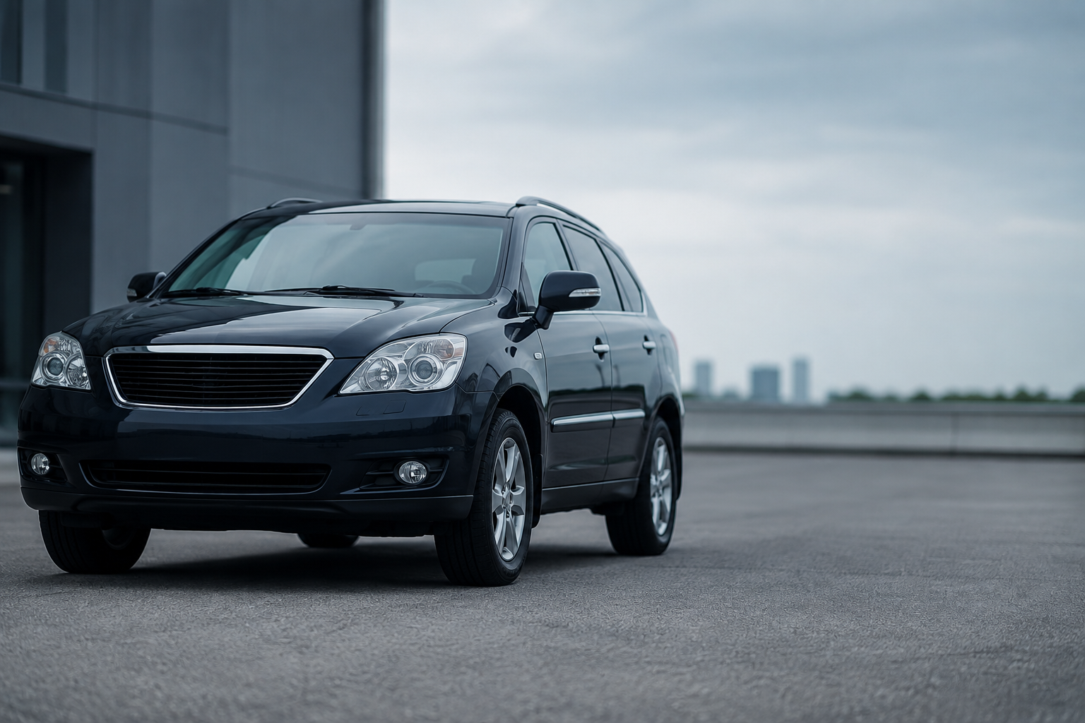 A dark vehicle parked outdoors, illustrating a buyer’s vehicle inspection